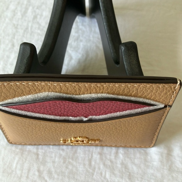 Coach: Tan Slim Credit Card Holder with Pink Lips- Wallet - Picture 11 of 16